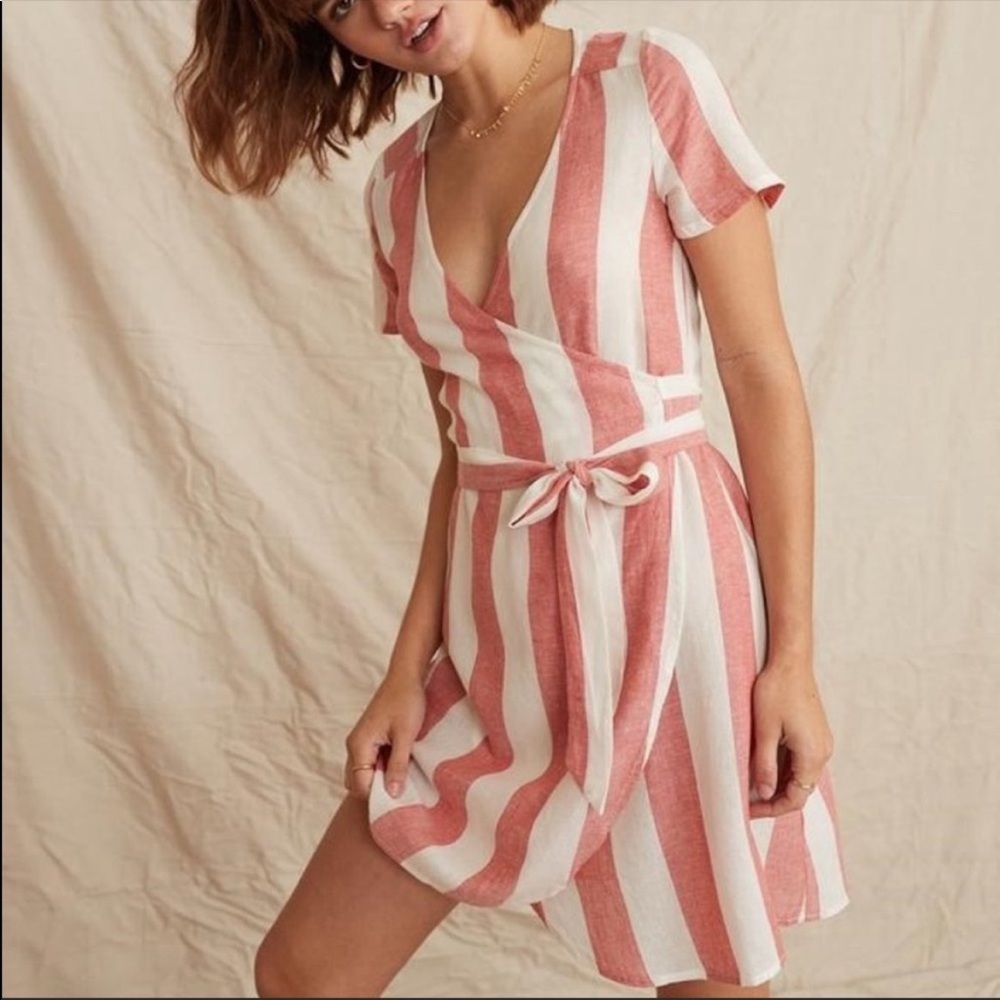 MARINE LAYER NWOT Frances Red & White Striped Linen Tencel True Wrap Dress - Picture 2 of 9